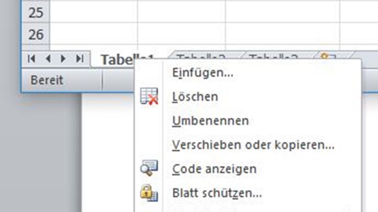 Excel-Fenster mit Kontextmenü von Tabelle 1