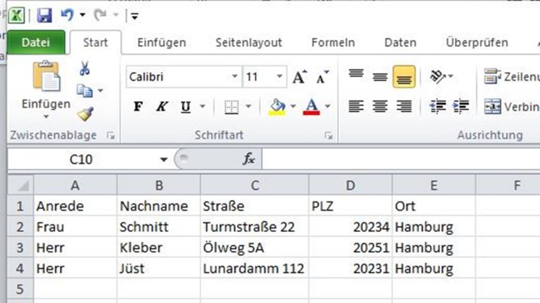 Excel-Fenster mit Tabellen-Informationen für Serienbrief