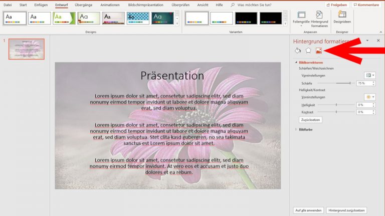 Wasserzeichen in PowerPoint: Bild bearbeiten PowerPoint Wasserzeichen Bildkorrekturen vornehmen