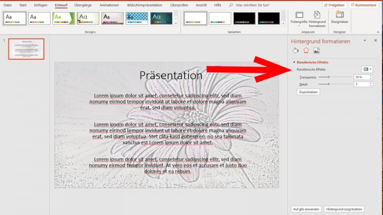 Wasserzeichen in PowerPoint: Bild Effekte PowerPoint Wasserzeichen Künstlerische Effekte bei Bildern einfügen