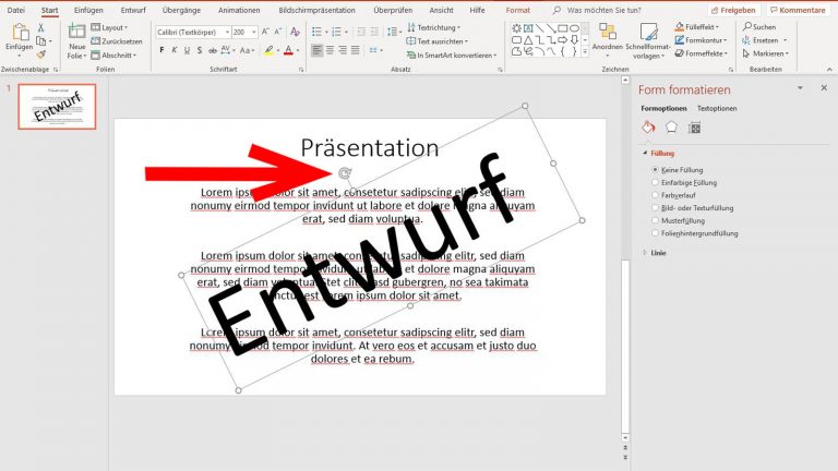 Wasserzeichen in PowerPoint: Text drehen PowerPoint Wasserzeichen Schrift drehen