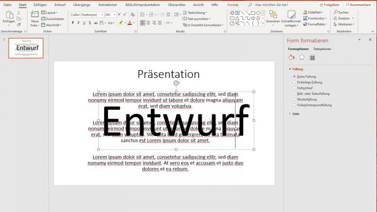 Wasserzeichen in PowerPoint: Text einfügen PowerPoint Text Entwurf als Wasserzeichen verwenden