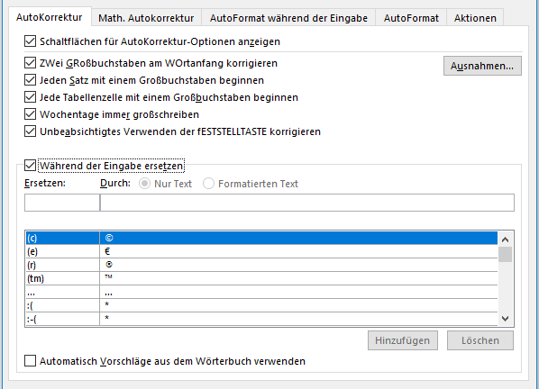 Word-Fenster Autokorrektur: Deutsch (Deutschland)