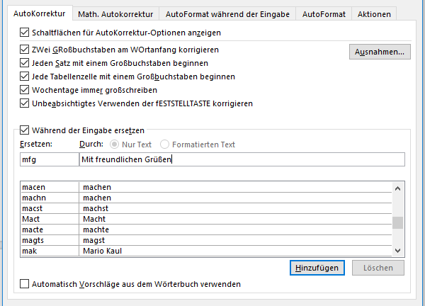 Word-Fenster Autokorrektur neuer Eintrag