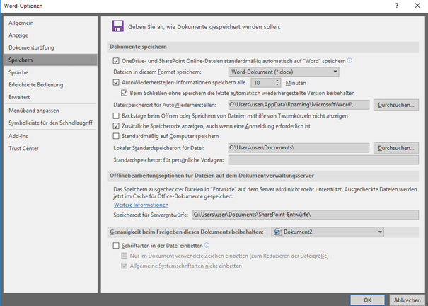 Word-Fenster mit Word-Optionen