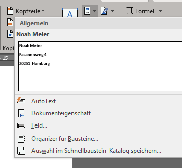 Word-Kontextmenü Schnellbausteine Eintrag