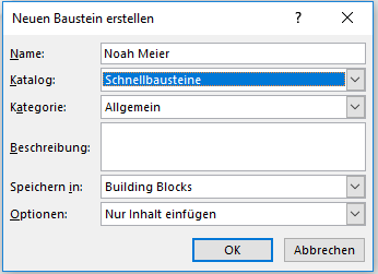 Word-Fenster Neuen Baustein erstellen