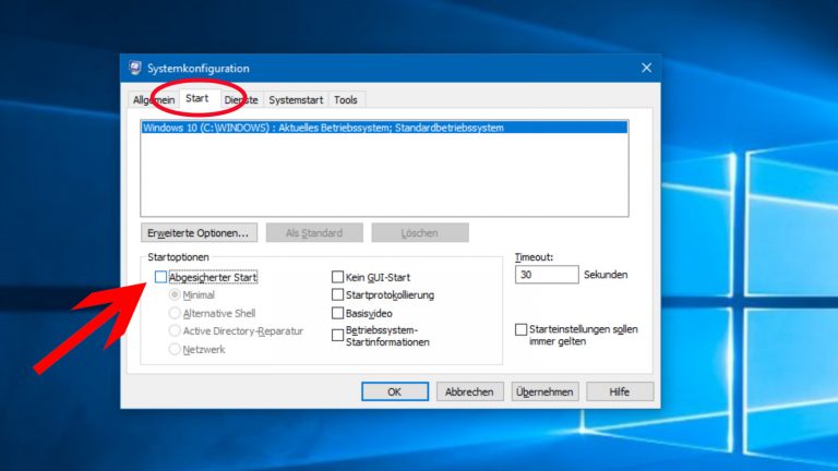Screenshot Abgesicherten Modus bei Windows 10 verlassen