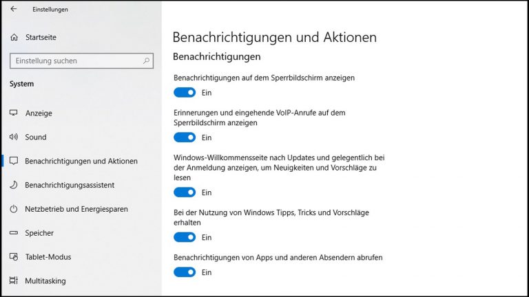 Allgemeine Benachrichtigung deaktivieren unter Windows 10