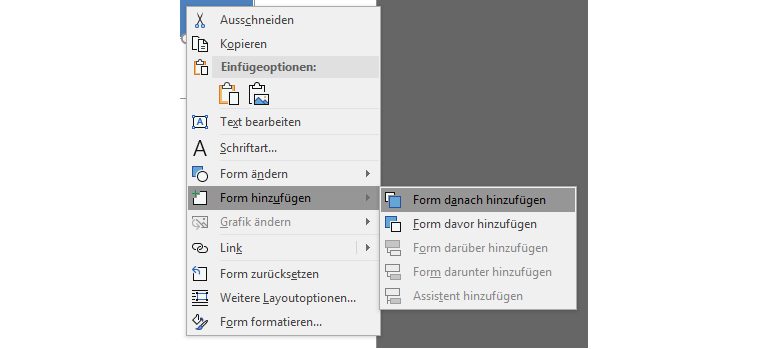 Kontextmenü Form hinzufügen bei Flussdiagramm in Word