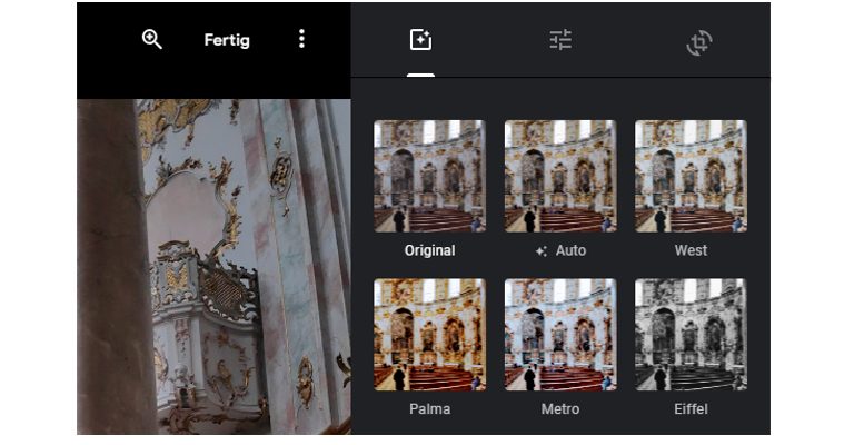 Google-Fotos-Fenster Bearbeiten Farbfilter