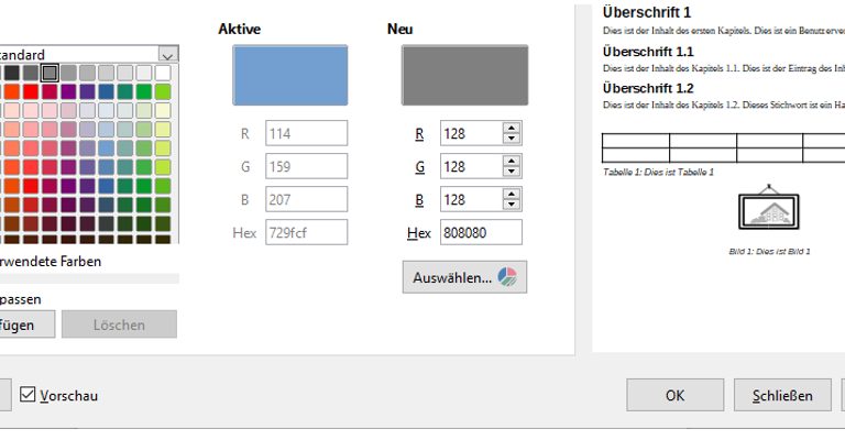 LibreOffice Inhaltsverzeichnis: Farben LibreOffice-Fenster Verzeichnis, Registerkarte Hintergrund