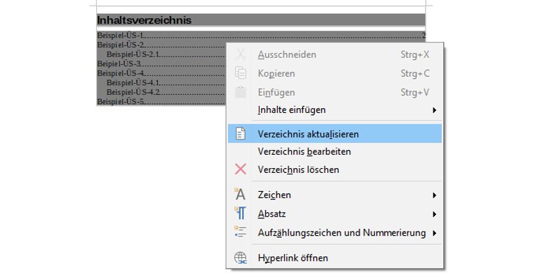 LibreOffice-Kontextmenü Verzeichnis aktualisieren