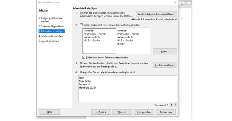 LibreOffice-Fenster Serienbrief-Assistent Empfängerdaten