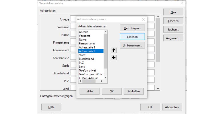 LibreOffice-Fenster Adressliste anpassen