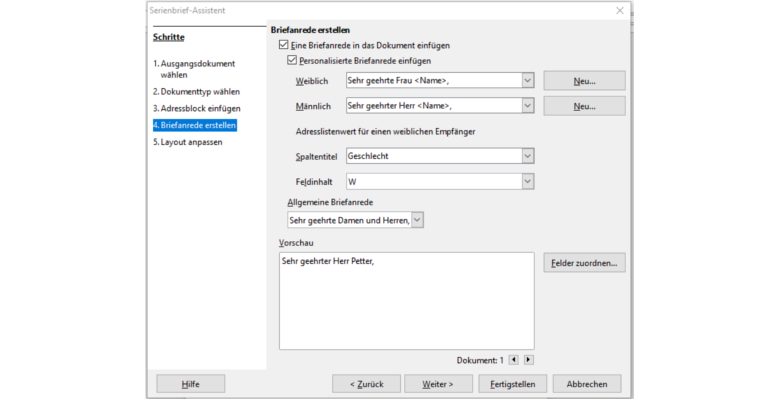 LibreOffice-Fenster Serienbrief-Assistent Briefanrede
