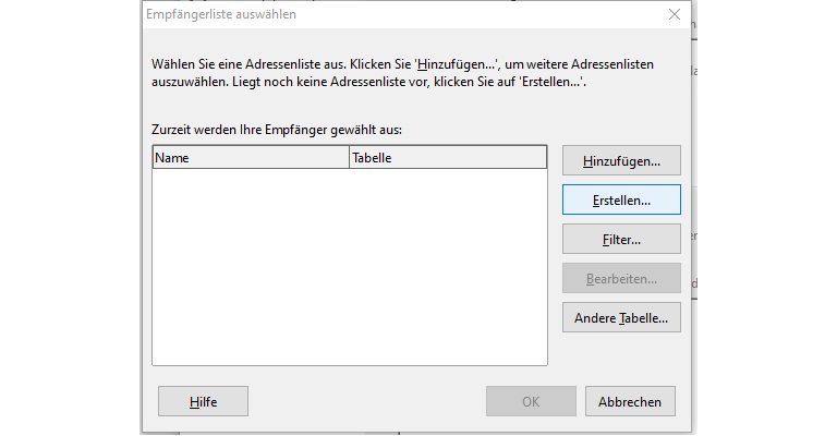 LibreOffice-Fenster Empfängerliste auswählen