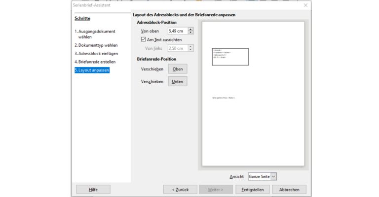 LibreOffice-Fenster Serienbrief-Assistent Layout