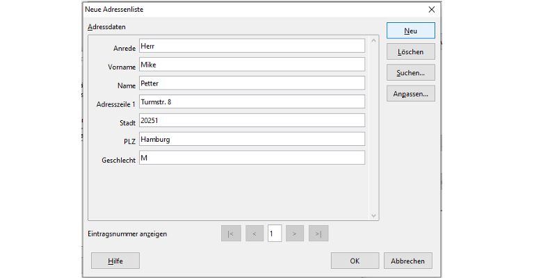 LibreOffice-Fenster Neue Adressliste