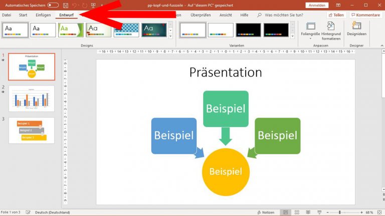 PowerPoint: Den Reiter Entwurf im Menü anklicken