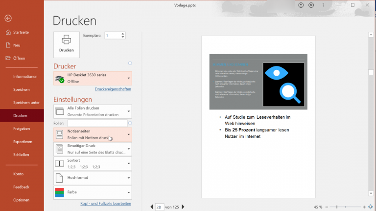 Notizen in PowerPoint drucken