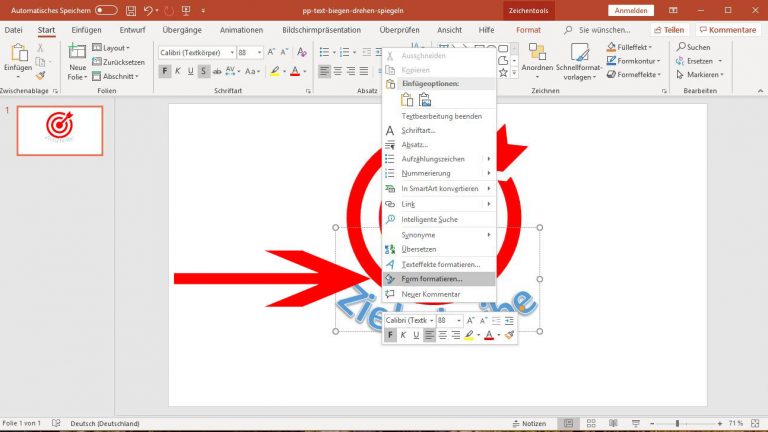 PowerPoint: Text biegen - Form formatieren PowerPoint: Text spiegeln über den Menüpunkt Form formatieren