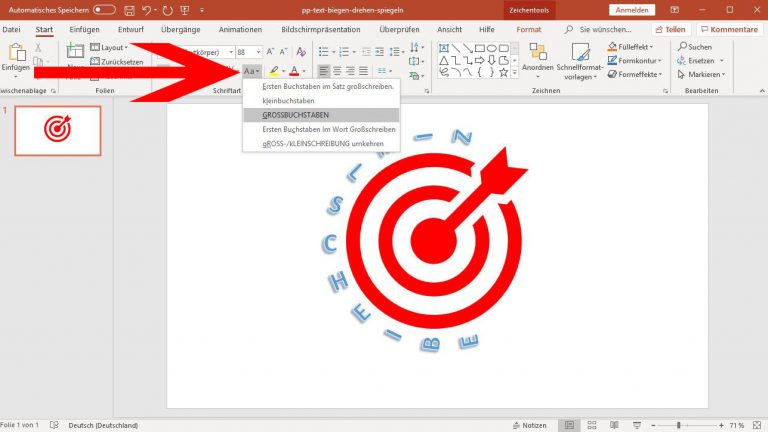 PowerPoint: Text biegen - Grossbuchstaben PowerPoint: Text in Großbuchstaben formatieren für bessere Lesbarkeit