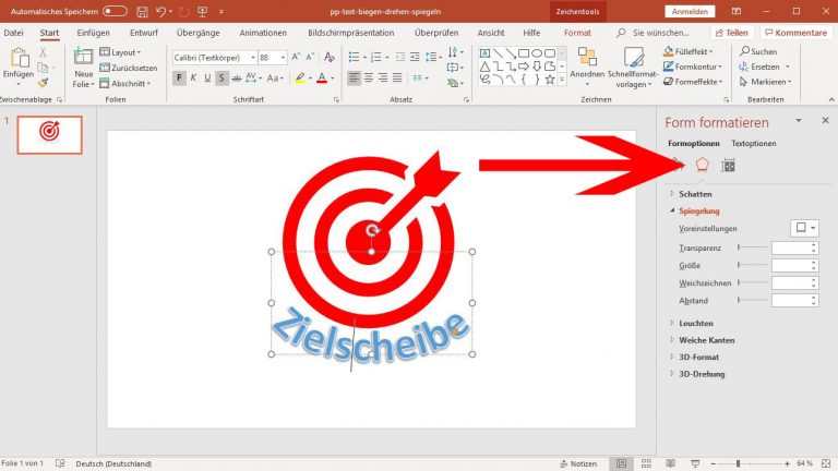 PowerPoint: Text biegen - Spiegelung PowerPoint: Spiegelung im Menü auswählen