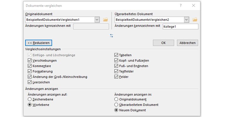 Word-Fenster Vergleichen Erweitert