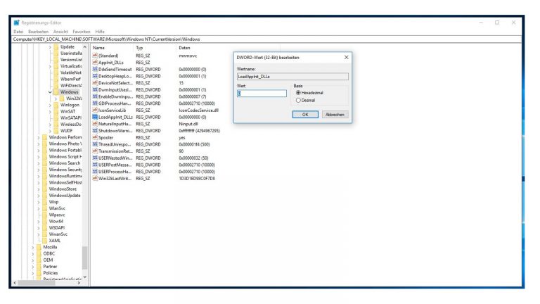 Fenster DWORT-Wert (32-Bit) bearbeiten darunter der Registrierungs-Edito