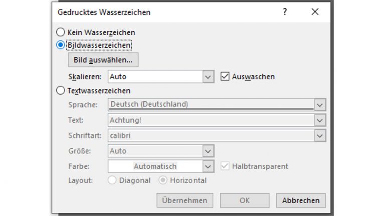 Word-Fenster Gedrucktes Wasserzeichen Option Bild-Wasserzeichen