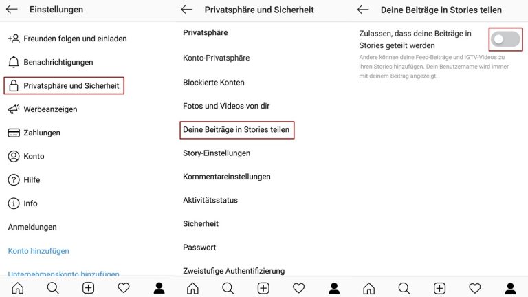 Screenshots zeigen, wie man das Reposten und Teilen der eigenen Beiträge in fremden Instagram-Stories verbieten kann