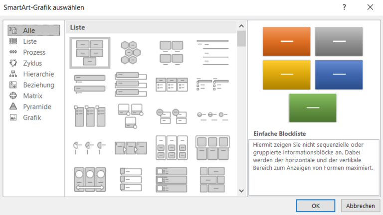 Beim Einfügen einer SmartArt-Grafik fragt PowerPoint nach der gewünschten Form