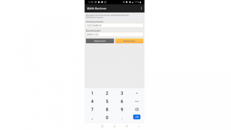 Screenshot Banking-App IBAN-Rechner