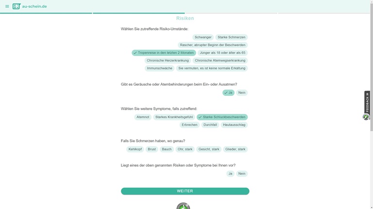 AU-Schein online anfordern: Symptome ausw&auml;hlen