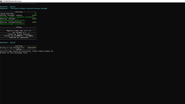 Microsoft Edge mit Winaero deinstallieren im Kommandofenster