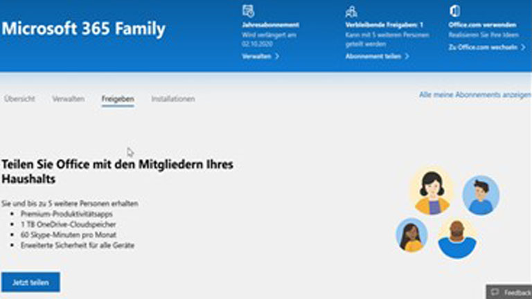 Office 365 Home teilen im Microsoft Account