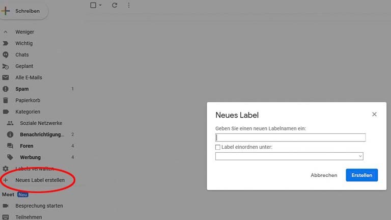 Gmail-Label erstellen: Auf dem Computer im Postfach neue Label erstellen