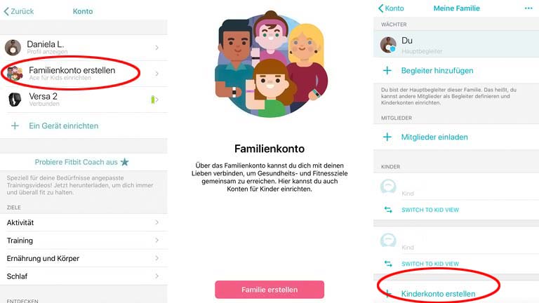 Familienkonto und Kinderkonto erstellen, um Fitbit Ace oder Ace 2 einzurichten