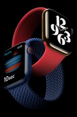 Die Apple Watch Series 6 in Gold und Blau, jeweils mit einem One-Loop-Armband.