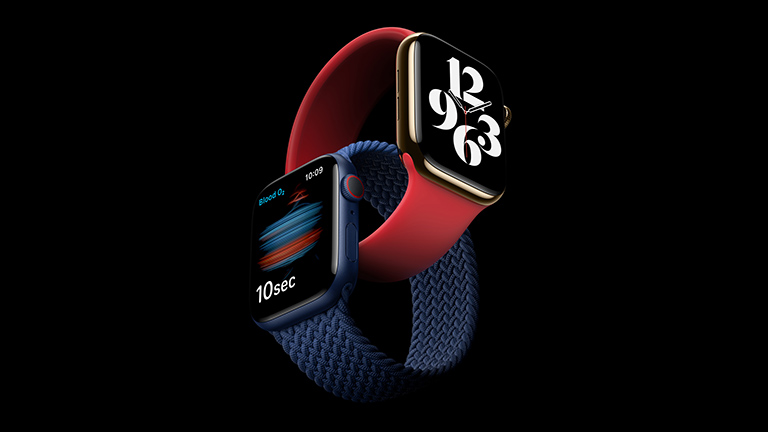 Die Apple Watch Series 6 in Gold und Blau, jeweils mit einem One-Loop-Armband.