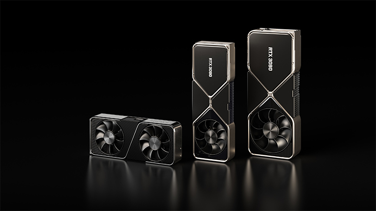 Die Nvidia GeForce RTX 3070, RTX 3080 und RTX 3090 im Größenvergleich.