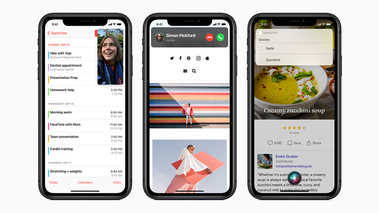 Drei Screenshots, die Bild-in-Bild für Videos sowie Einblendungen für Anrufe und Siri zeigen.