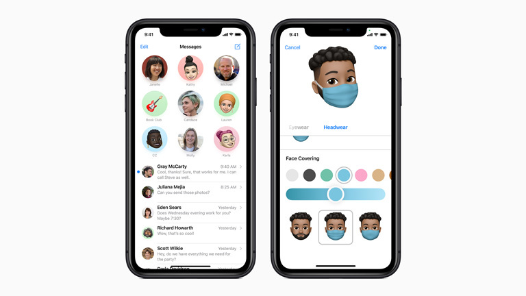 Zwei Screenshots zeigen die neuen Funktionen von iMessage und neue Memoji-Optionen.