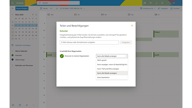 Ein Screenshot von Microsoft Outlook. In einem Fenster sind die Berechtigungen für den geteilten Kalender geöffnet.