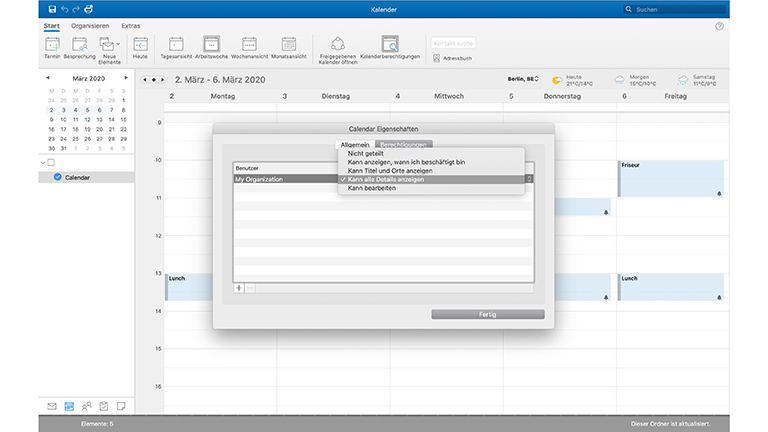 Die Kalender-Berechtigungen von Microsoft Outlook auf einem Screenshot vom Mac.
