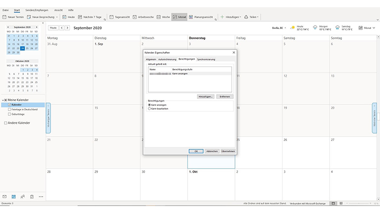 Hier ist das Fenster mit den Kalender-Berechtigungen auf einem Screenshot von Outlook unter Windows zu sehen.