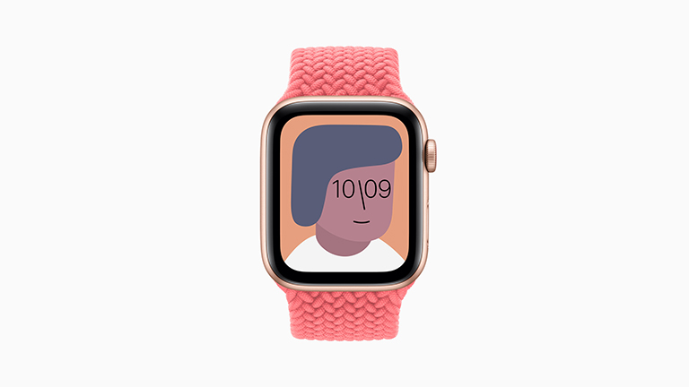 Die Apple Watch SE mit goldenem Gehäuse, geflochtenem Solo-Loop in Pink und Künstler-Watchface.