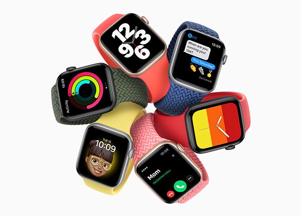 Die Apple Watch SE in sechs verschiedenen Geh&auml;use-Band-Kombinationen.