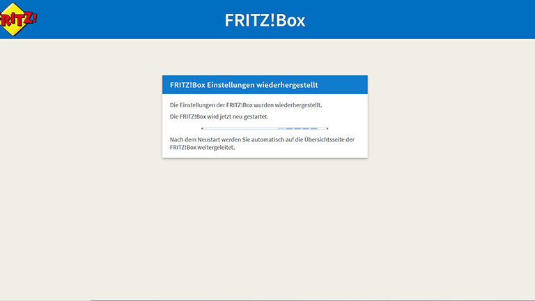 Der Fortschrittsbalken beim Wiederherstellen einer FritzBox 4040.